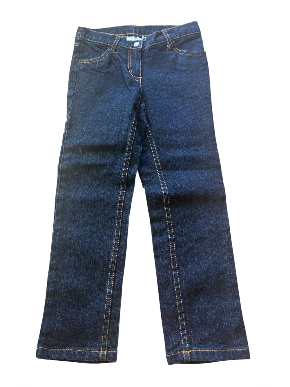 Hanna Andersson girls 120 cotton dark wash denim stretch contrast stitching 6-7